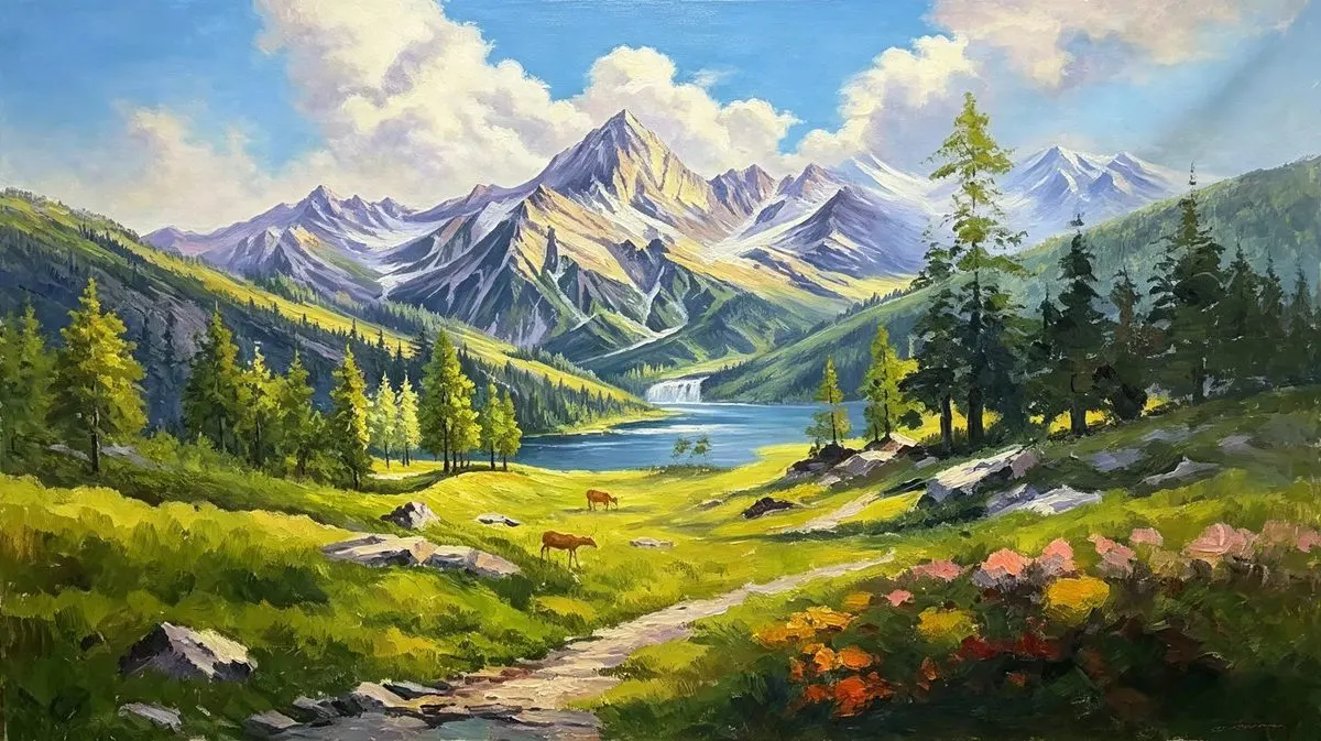 雪山春牧手绘油画，100×180cm，大芬村老廖画室纯手绘