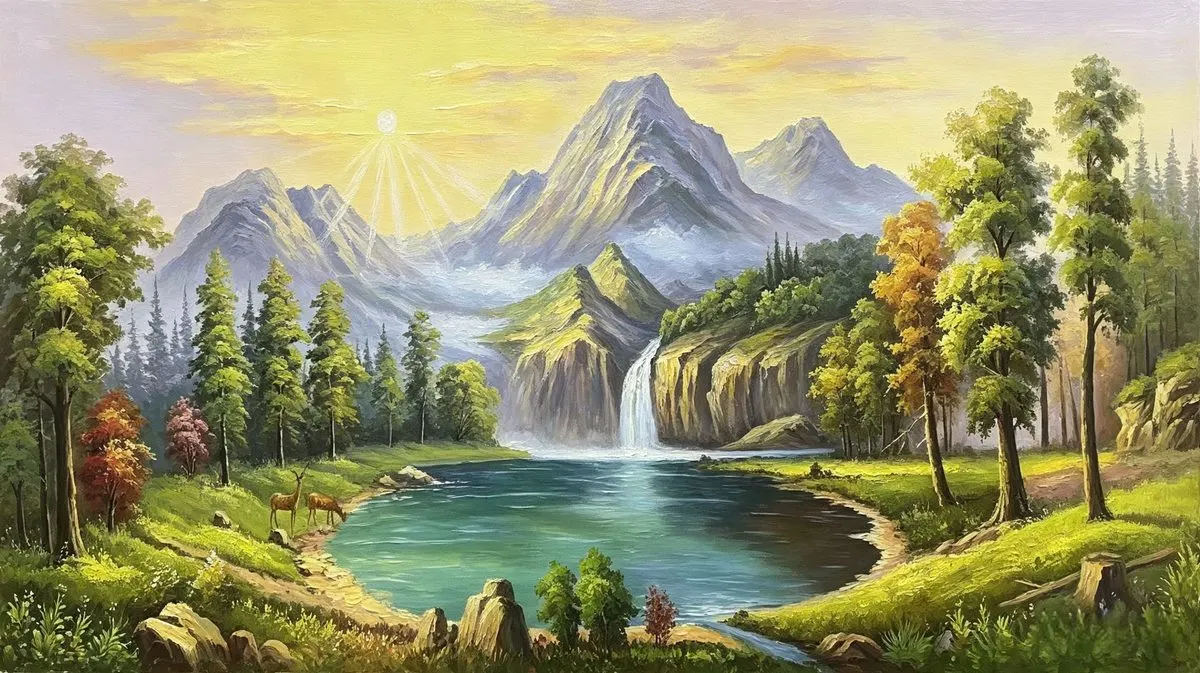 晨光飞瀑手绘油画，100×180cm，大芬村老廖画室纯手绘