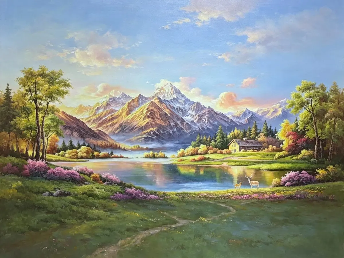 湖畔家园手绘油画，90×120cm，大芬村老廖画室纯手绘