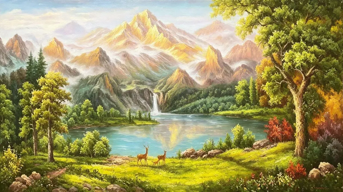 云山仙鹿手绘油画，100×180cm，大芬村老廖画室纯手绘