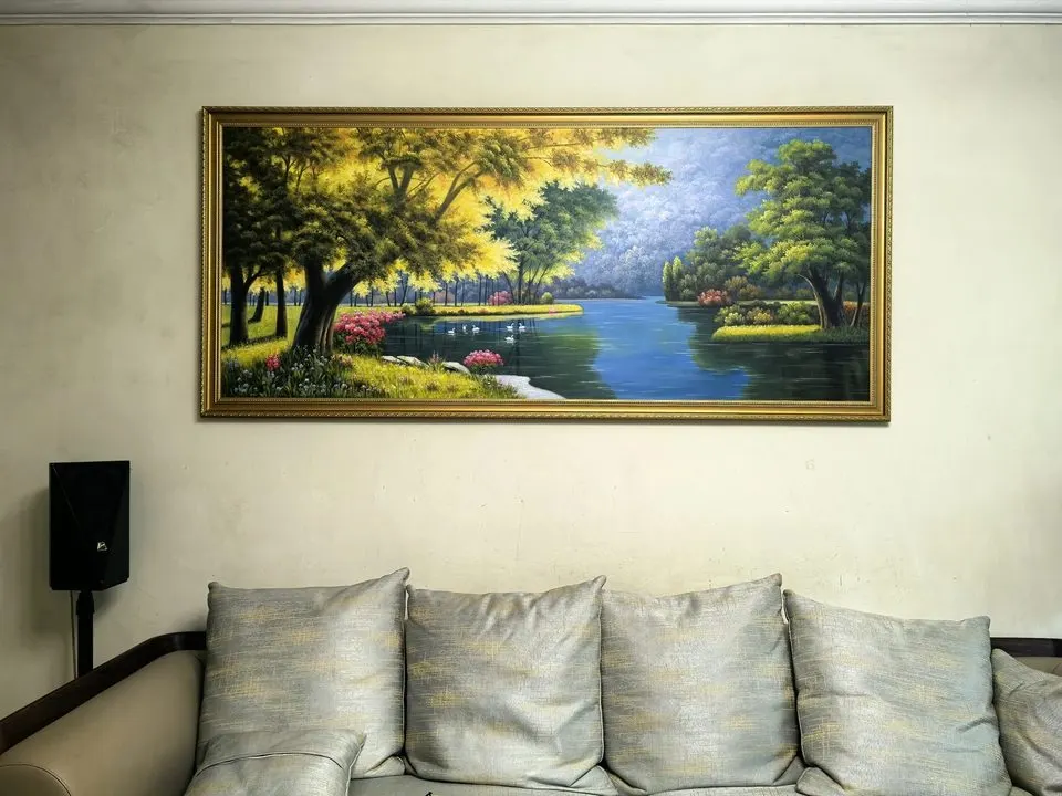 湖畔天鹅手绘油画，80×120cm，大芬村老廖画室纯手绘