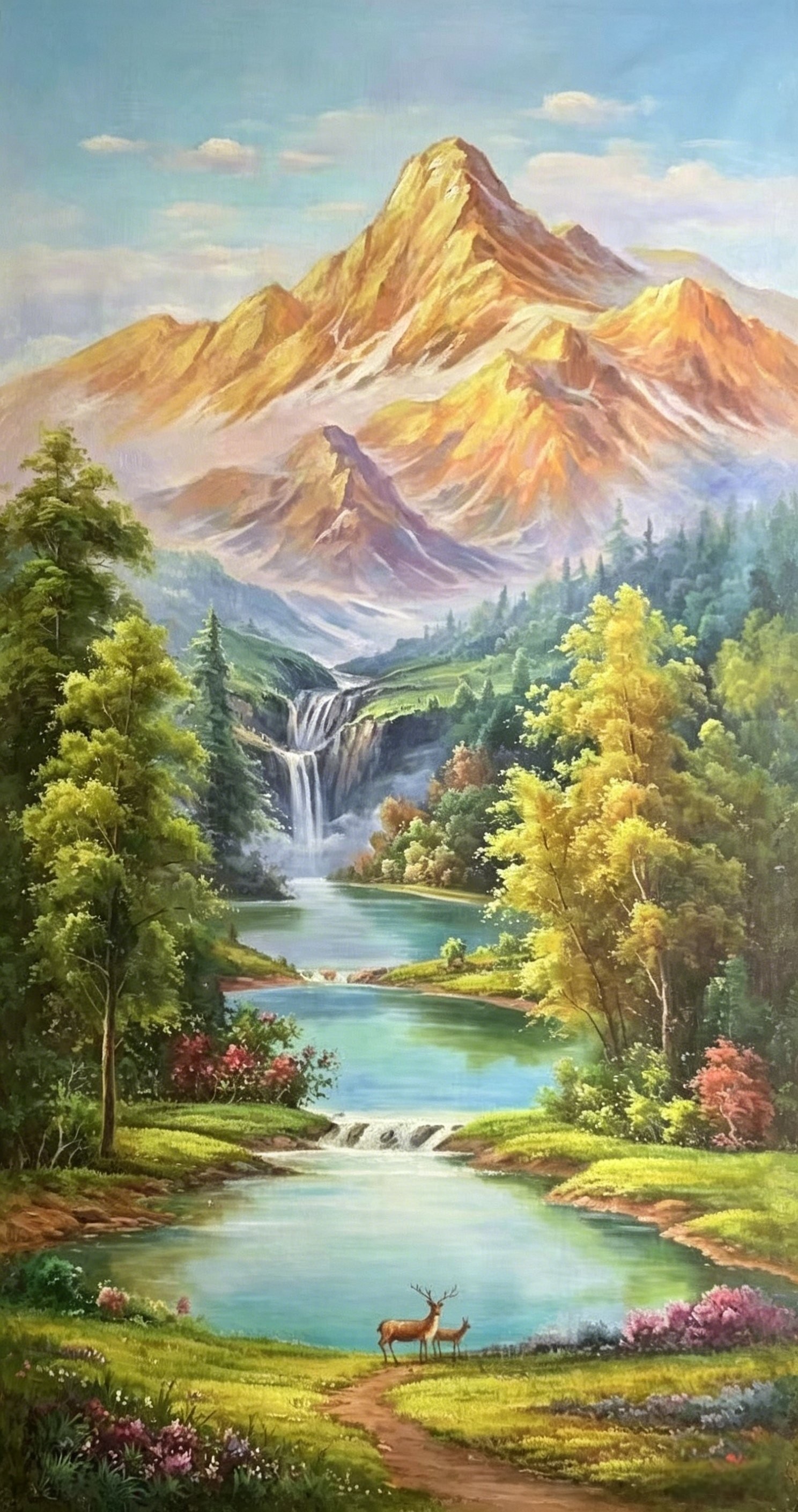 老廖手绘油画日照金山双鹿聚宝盆，金山瀑布碧湖双鹿，吉祥招财寓意，适合送领导客户做办公室挂画