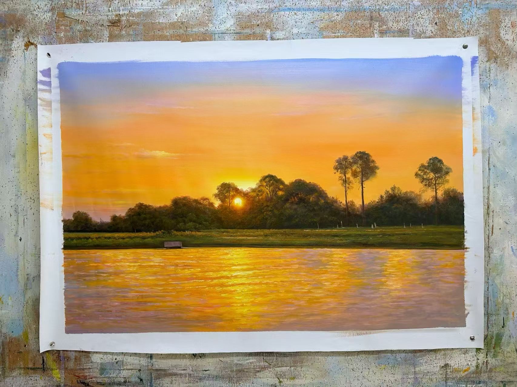 老廖手绘风景油画《湖畔日落》画架写生实拍，画布绷在画架上现场创作，证明真手绘创作过程