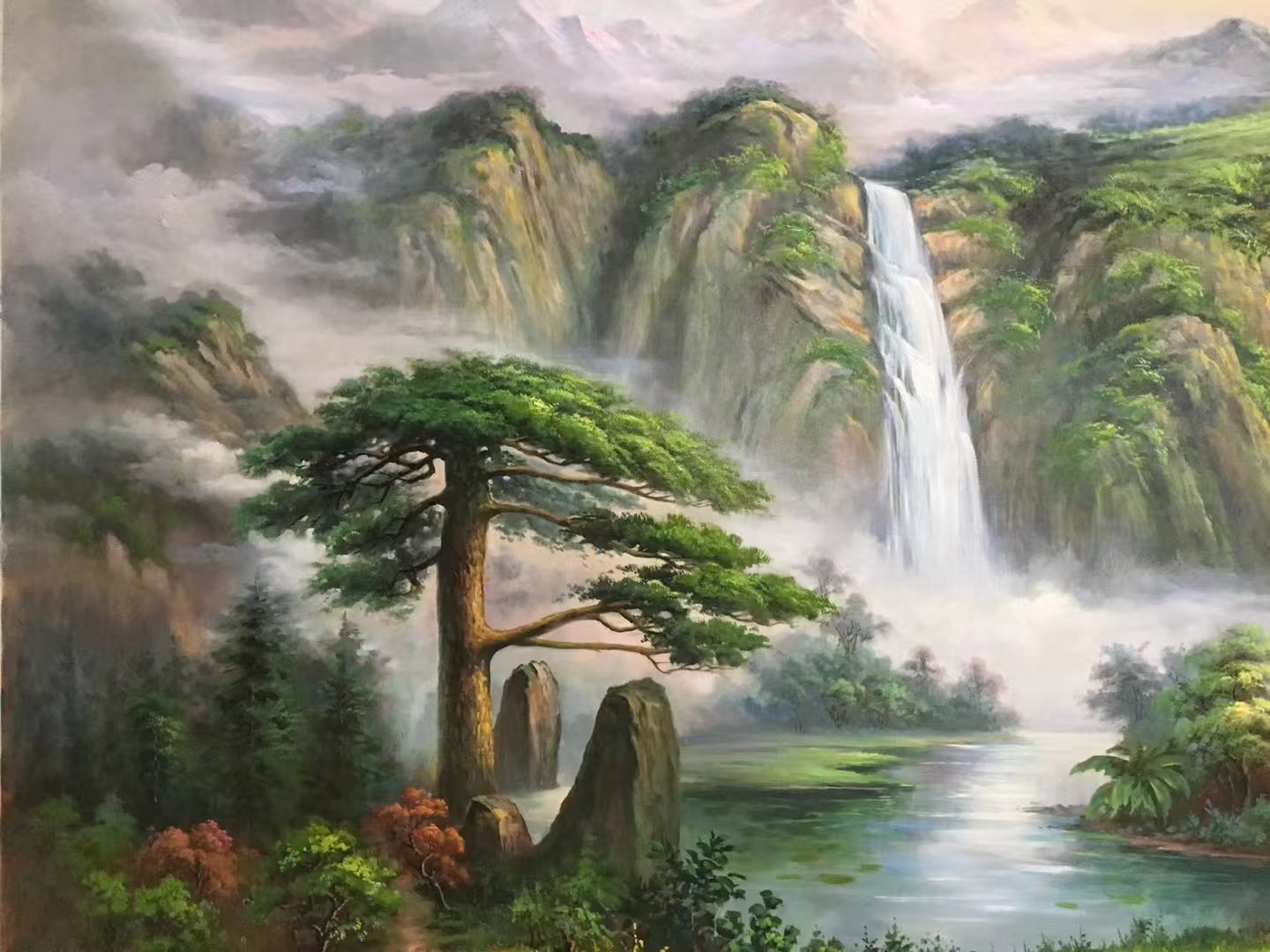 老廖手绘《迎客松瀑布山水》手绘油画，青绿清透色调，苍劲迎客松配山涧瀑布，适合玄关竖幅挂画