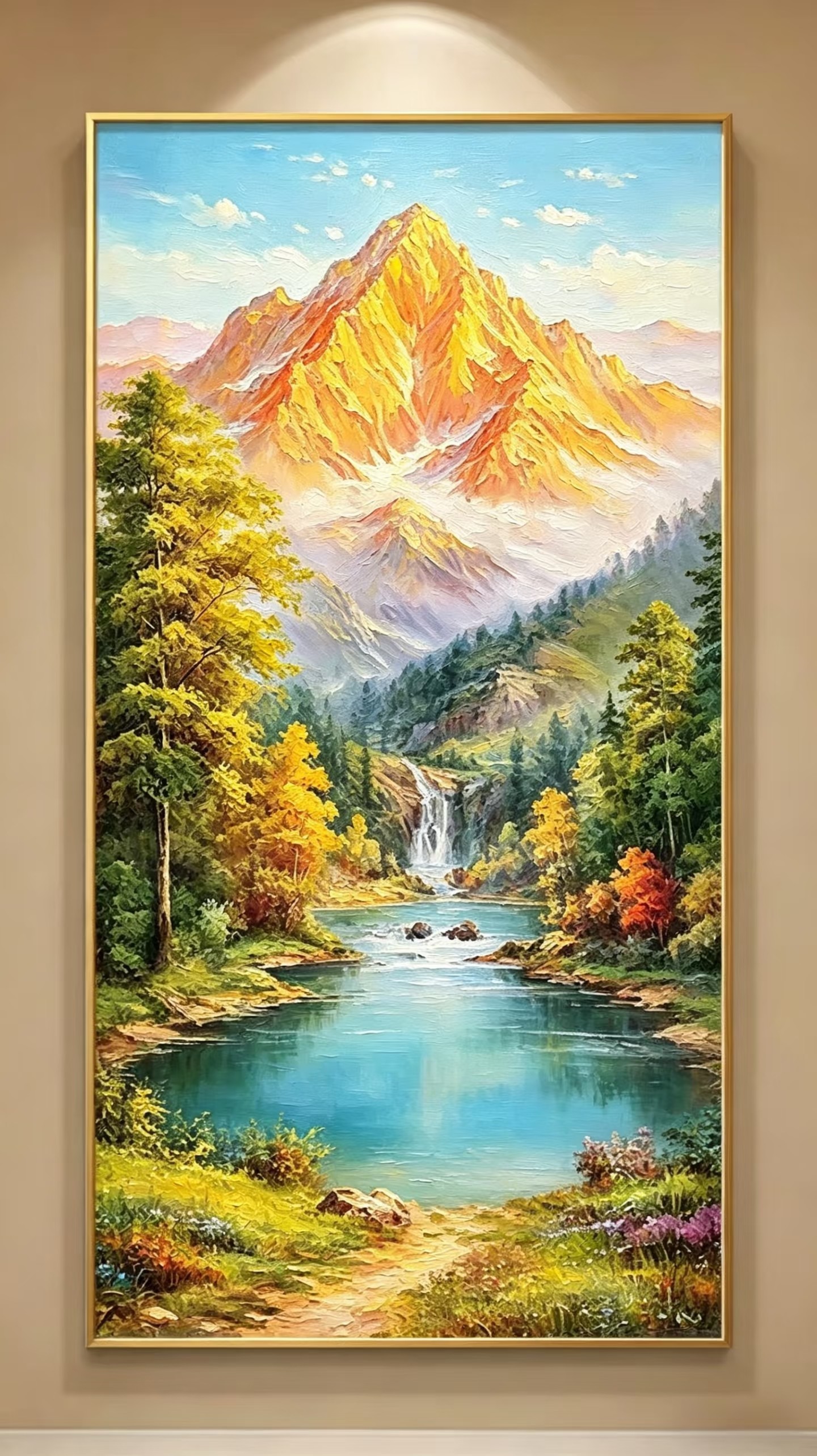 老廖手绘《日照金山》厚肌理山水油画，暖金色调雪山瀑布，背山面水聚财寓意，适合玄关聚财挂画