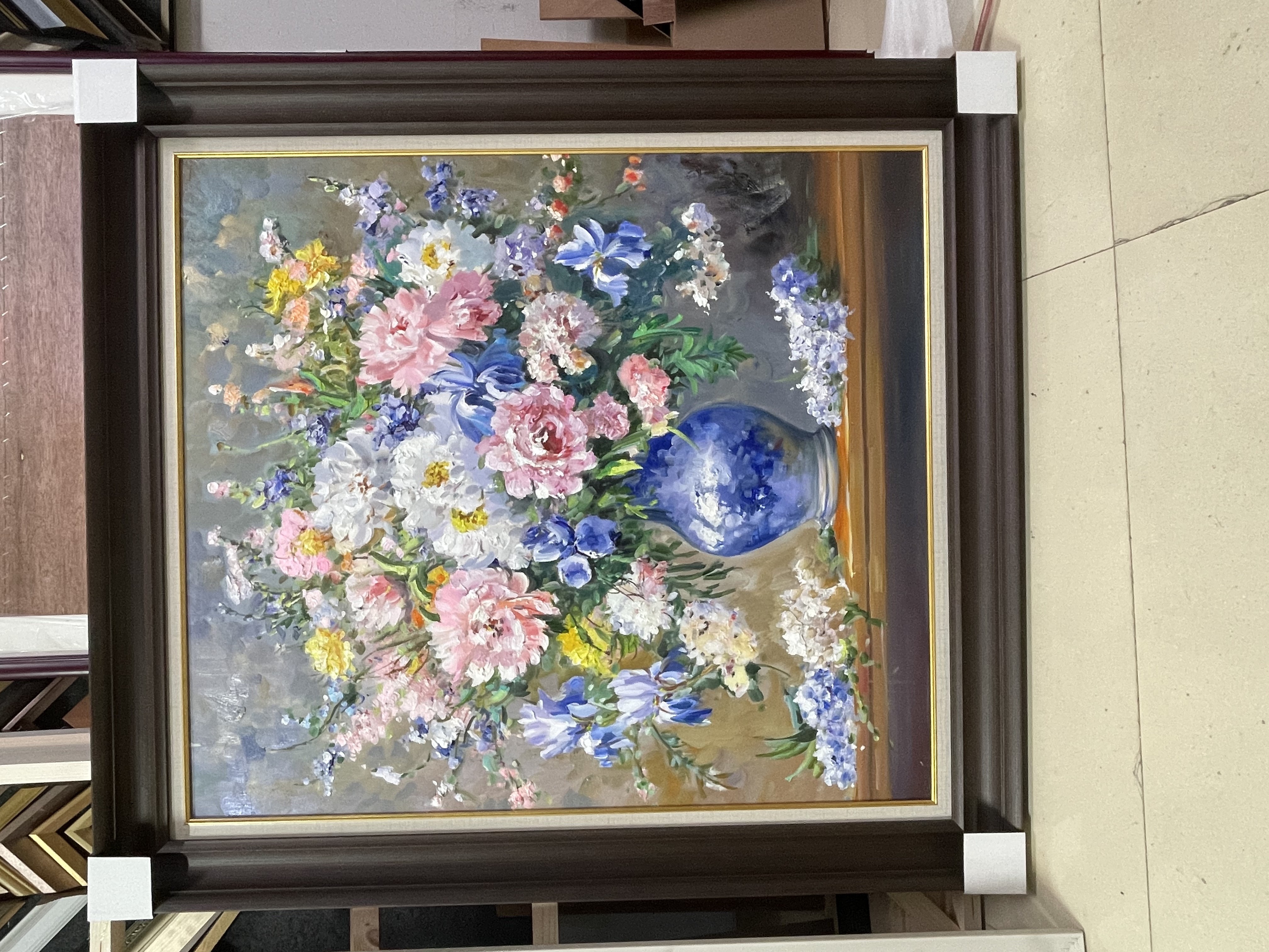 老廖手绘油画蓝釉花瓶花卉静物，蓝釉花瓶配粉紫花束，浪漫温馨，适合送女性朋友做家居挂画