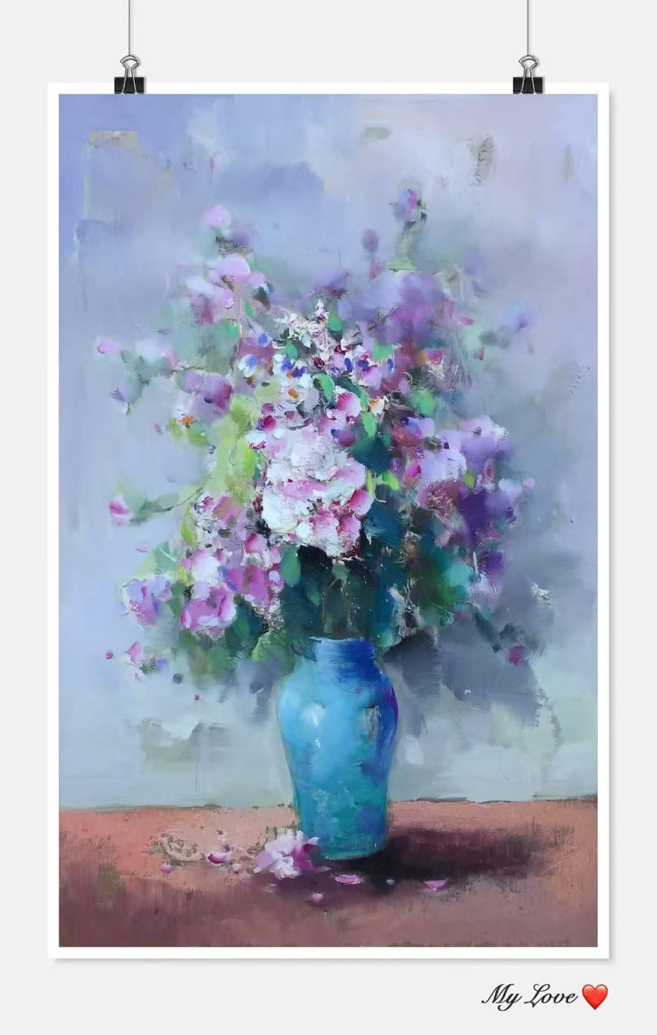 老廖手绘蓝色花瓶写意花卉油画，静谧浪漫，适合卧室床头或梳妆台上方挂画